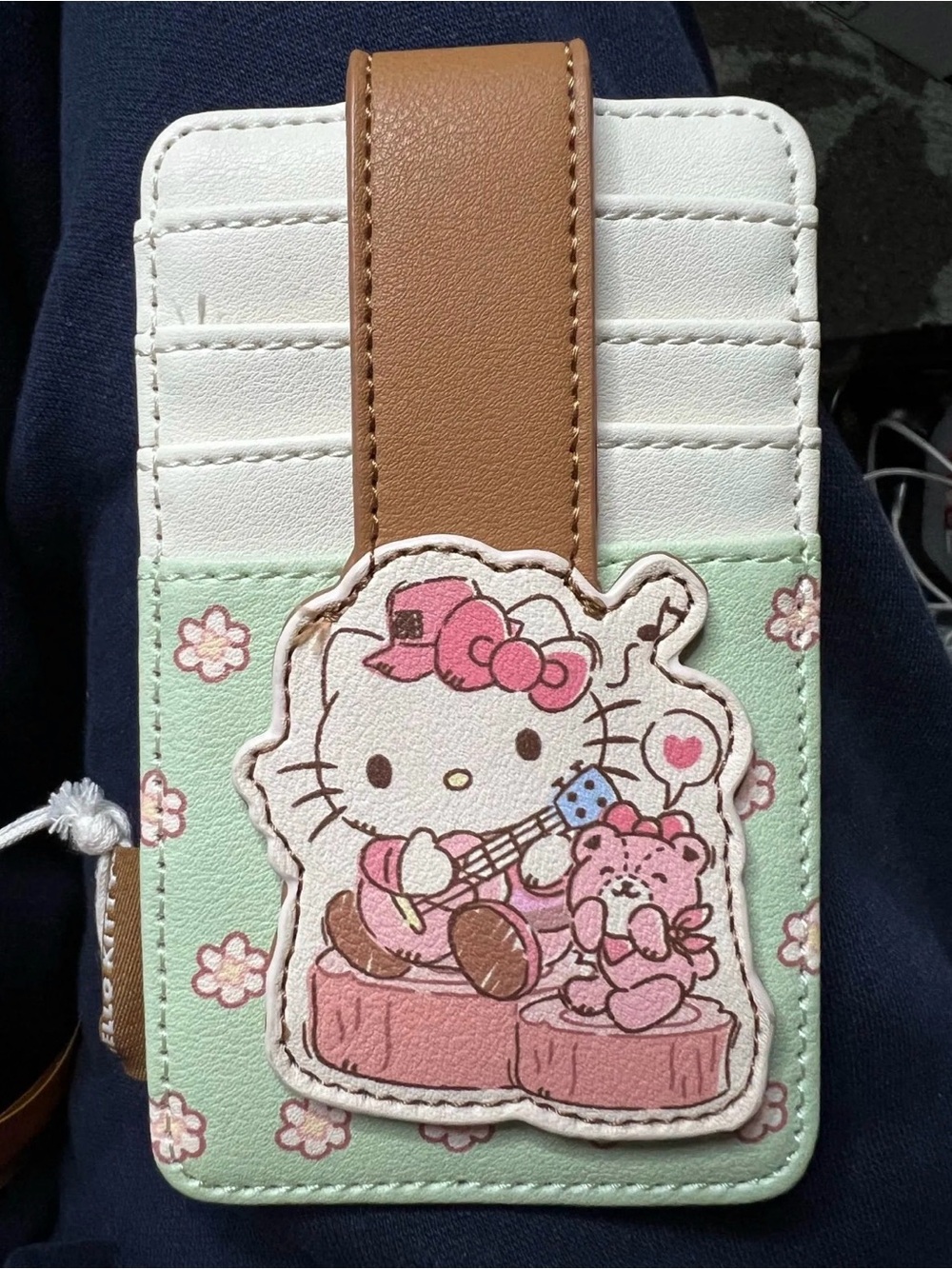 NWT Hello Kitty Lounge Fly Pink & Mint Faux Leather Card Wallet with Brown Strap